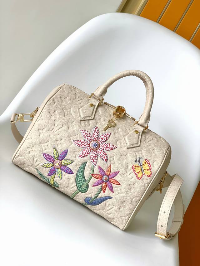 M46415 White Flowers Full Leather Pillow Bag Speedy Series Lv X Yk Speedy Bandou