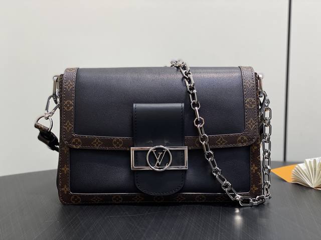 Authentic Premium M13450 Classic Black Full-Leather Dauphine Soft Medium Handbag