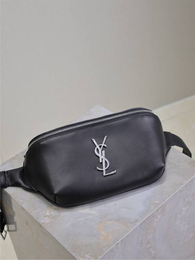 Black Silver Buckle Plain Weave_ Classic Black Genuine Leather Waist Bag & Chest