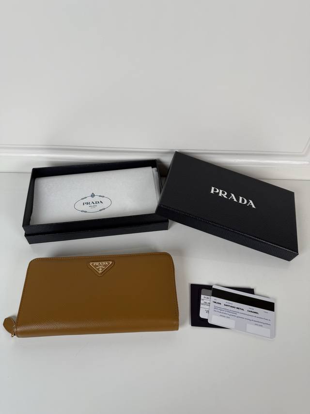 P Cross-Grain Single Zipper Leather Wallet, Caramel Color, Model 1Ml506, Origina