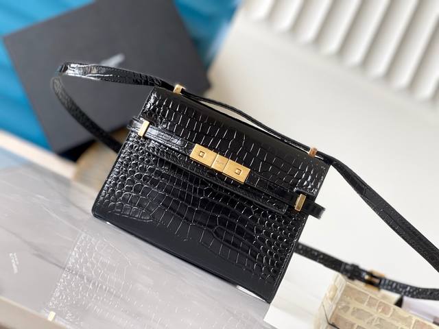 Premium Genuine Leather Black Crocodile Pattern Gold Buckle Manhattan Mini Under