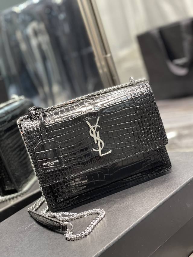 Black Silver Buckle# Unbeatable Classic Crocodile Pattern Sunset Bag! Despite Be