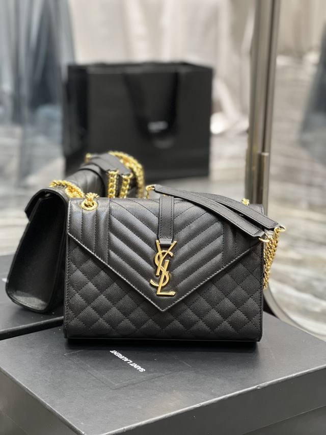 Envelope#Black Gold Buckle Medium Grained Embossed Stitched Genuine Leather Enve