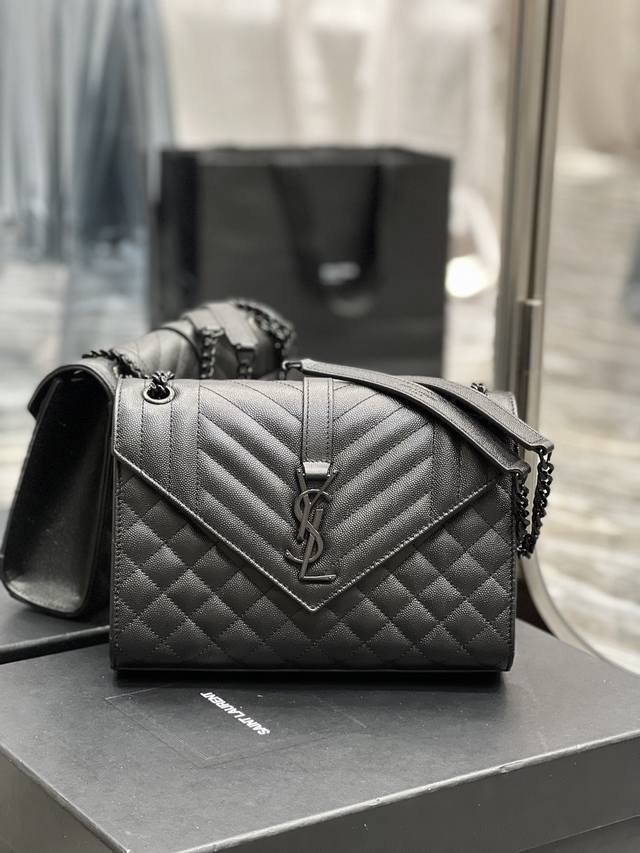 Envelope#Black Black Buckle Medium Grained Embossed Stitched Genuine Leather Env