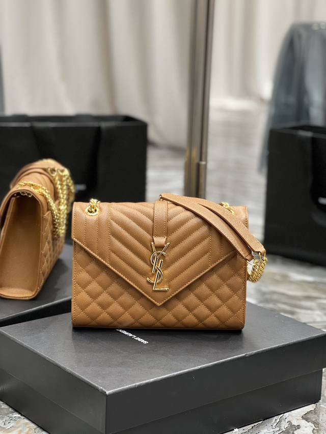 Envelope#Caramel Gold Buckle Medium Grained Embossed Stitched Genuine Leather En