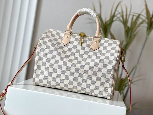 Top-Tier Original Factory N41373 White Grid Speedy 30 Handbag With Shoulder Stra