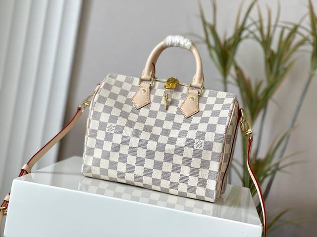 Top-Tier Original Factory N41374 White Grid Speedy 25 Handbag With Shoulder Stra