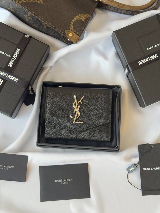 Ysl New Three-Fold Caviar Black Slp Three-Fold Wallet With Ball-Textured Black G