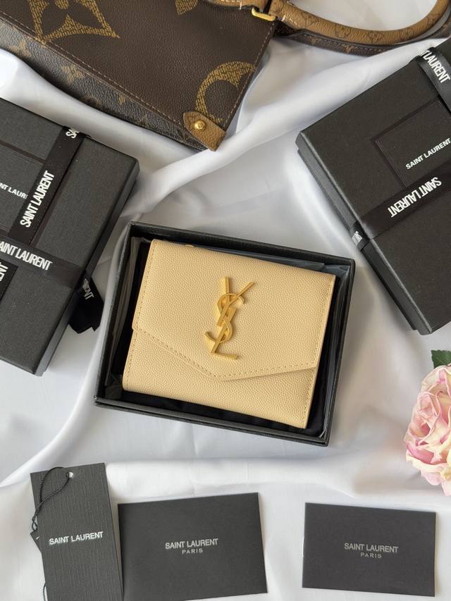 Ysl New Three-Fold Wallet In Caviar-Colored Apricot Slp Three-Fold Wallet With B