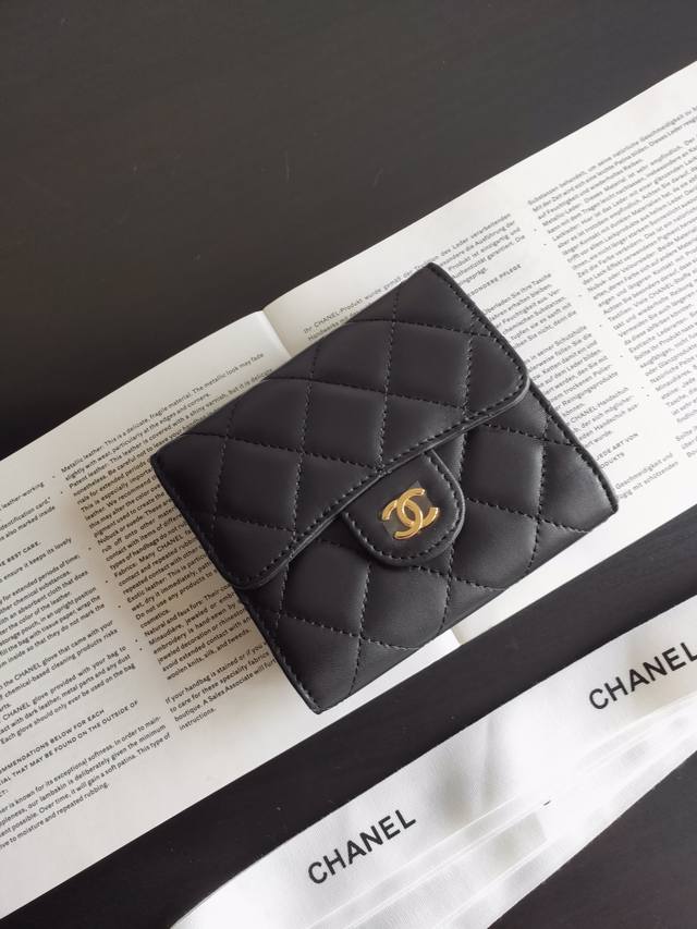 Small Chanel Lambskin Tri-Fold Wallet With Gold Buckle, Authentic Goods