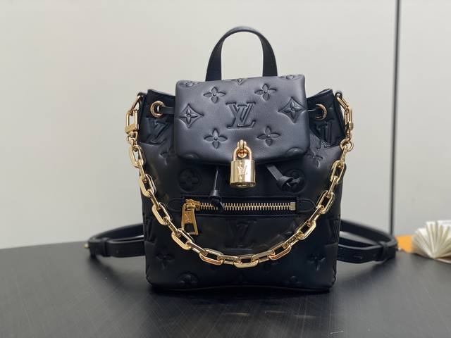 Original Premium M13387 Black Full-Leather Embossed Double-Shoulder Bag Coussin