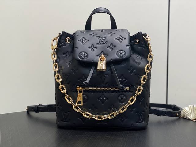 Authentic Premium M13357 Black Full-Leather Embossed Double-Shoulder Bag Coussin