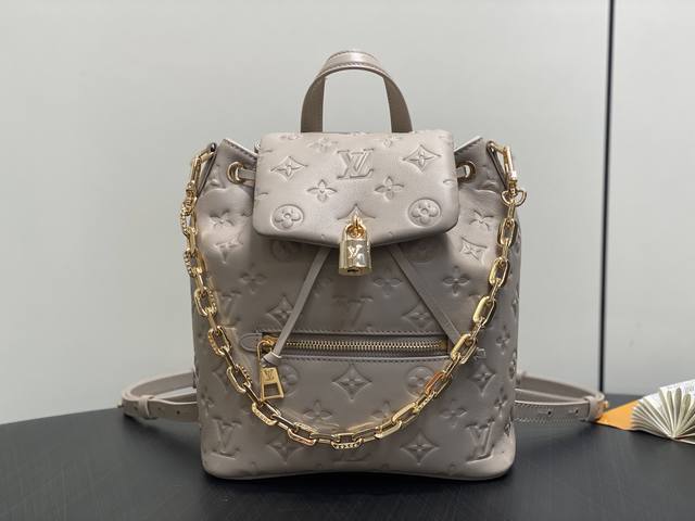 Authentic Premium M13358 Gray Full-Leather Embossed Backpack Coussin Backpack Sm
