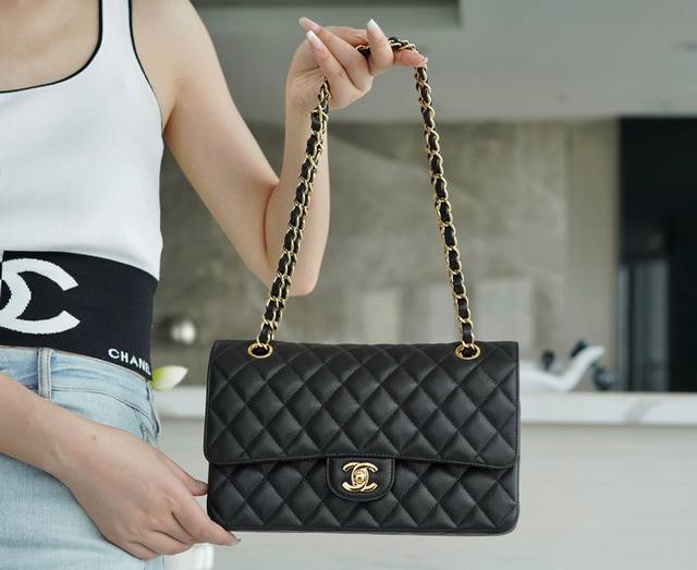 Classic Flap Classic Flap Bag Black Gold Fine Ball Pattern Imported Channel-Cust