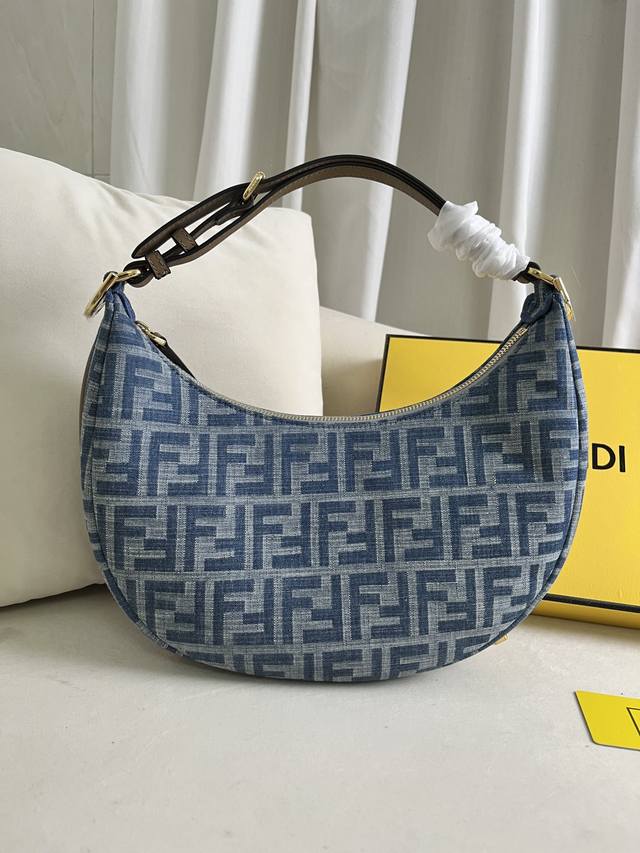 Denim Large Fend1Praphy Underarm Bag, Featuring A Crescent Moon Design, With The