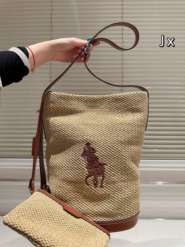 Ralph Lauren Raffia Woven Bucket Bag With Leather Trim, Premium Craftsmanship, 2