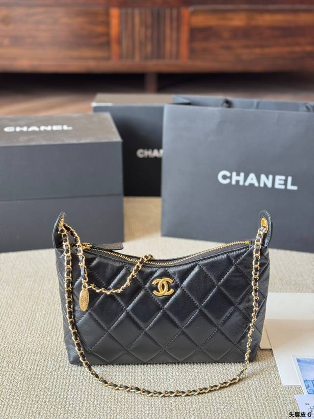 Top-Grain Leather Chanel 25S Black Gold Hobo Black Gold Hobo Small Size Also Res