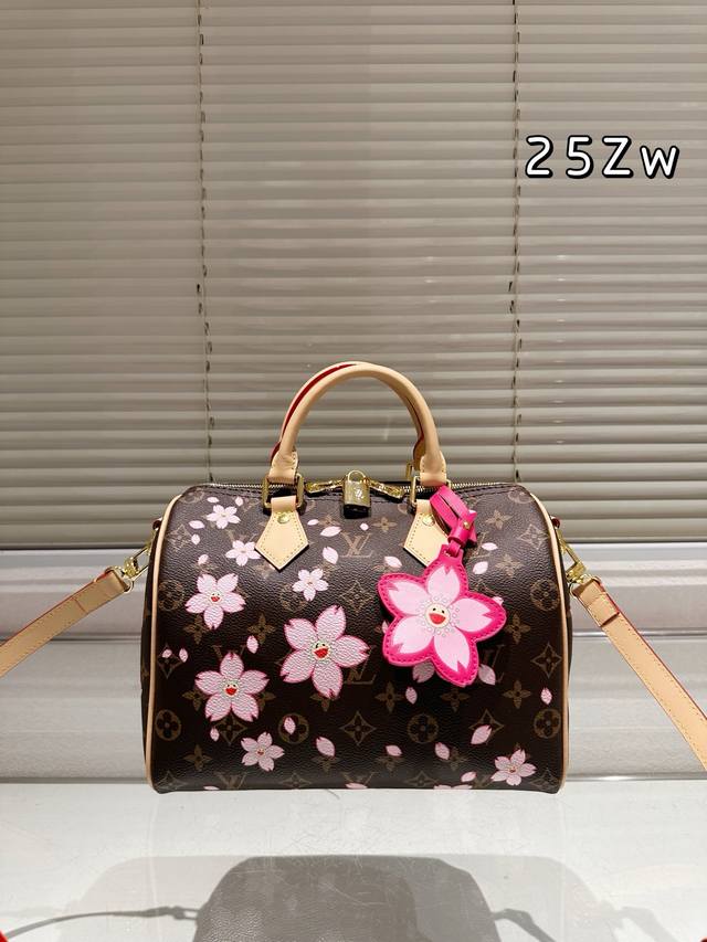 Cowhide Version Lv X Takashi Murakami Cherry Blossom Series Speedy 20 Pillow Bag