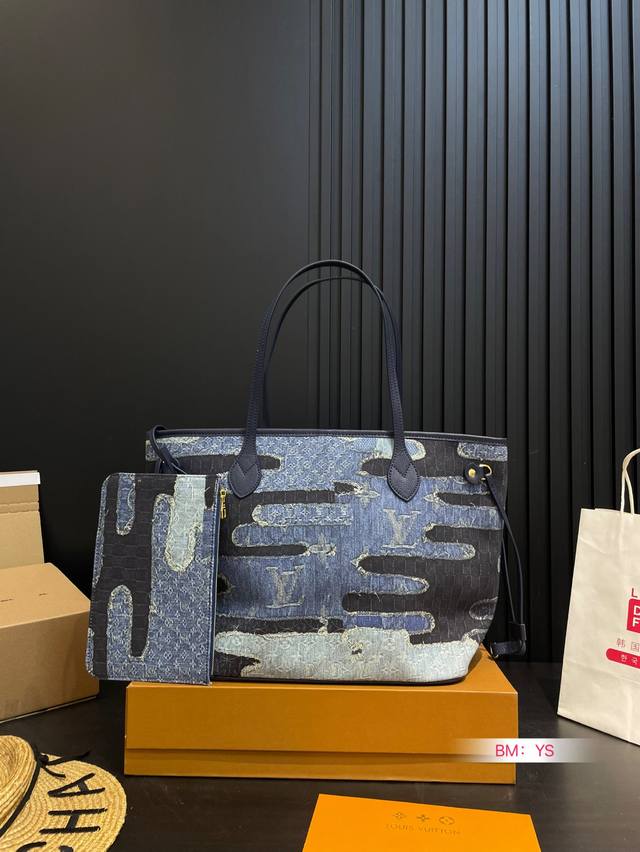 With Folding Gift Box Lv Vintage Denim Nf Shopping Bag Neverfull Shopping Bag! A