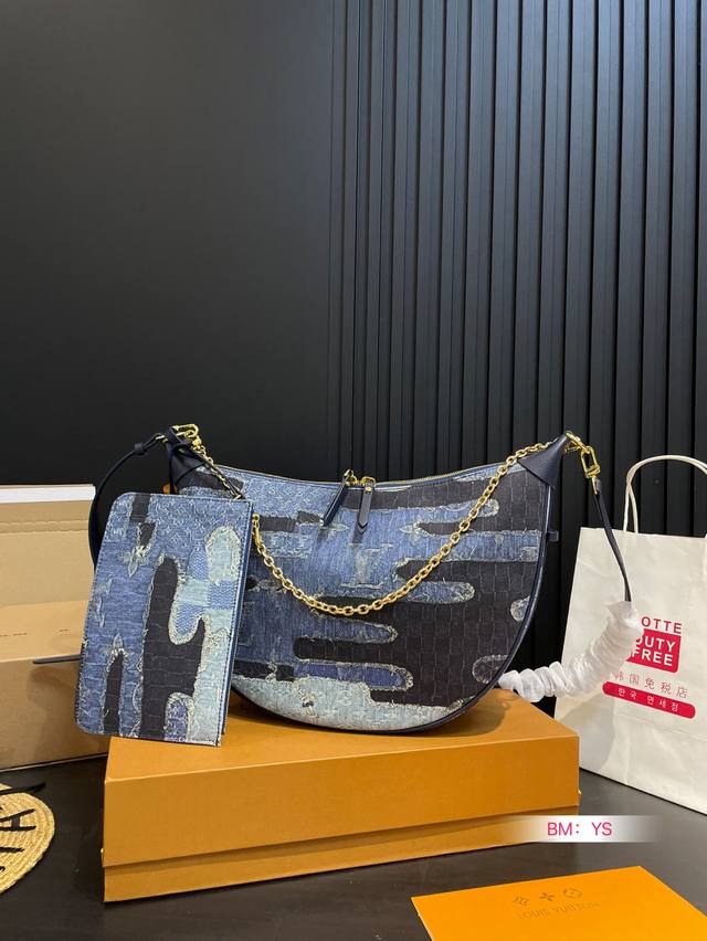 Comes With A Foldable Gift Box. Lv Large Crescent Moon Denim Pea Coat Bag. Surpr