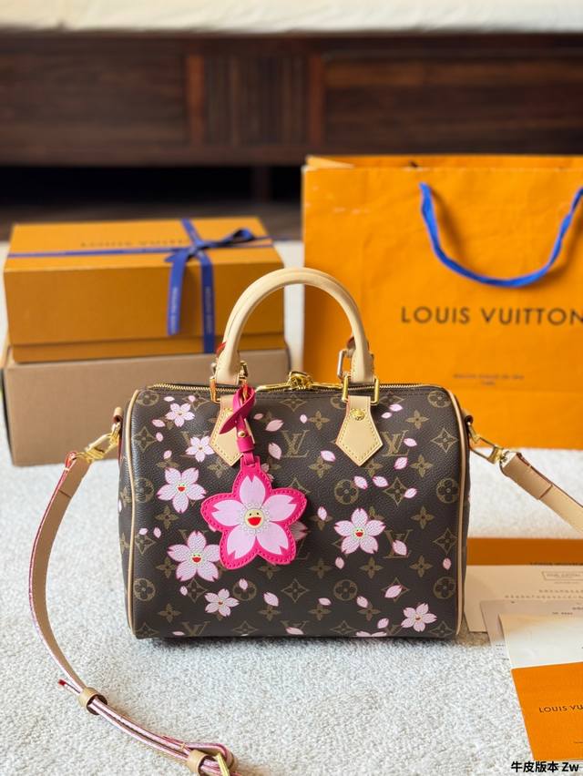 Cowhide Version Lv X Takashi Murakami Cherry Blossom Series Speedy 25 Pillow Bag