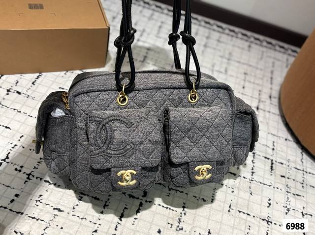 Chanel Denim Kangpeng Motorcycle Bag With Multiple Pockets, Featuring A Bold Pun