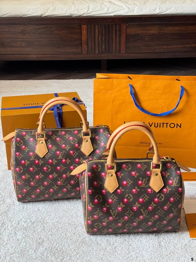 Speedy Cherry Print Pillow Bag Lv New Series City Keepal Handbag, Exclusive Onli