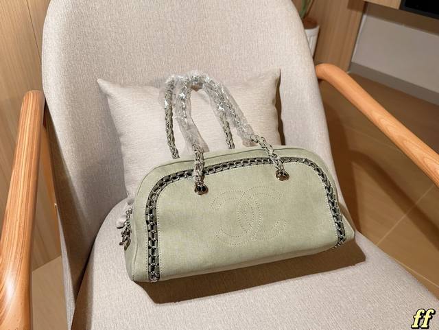 No Box Chanel Vintage Green Denim Metal Trim Bowling Bag Dimensions: 34