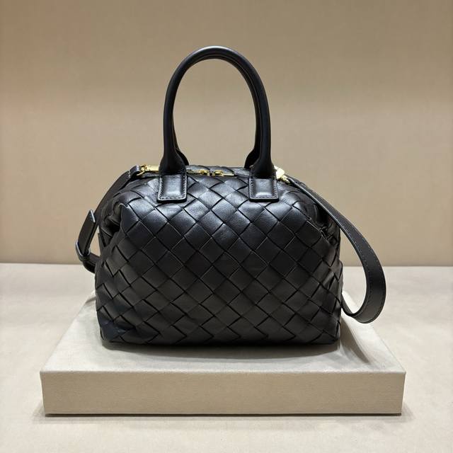 Genuine Intrecciato Woven Leather Bowling Bag, With Detachable Crossbody Strap,
