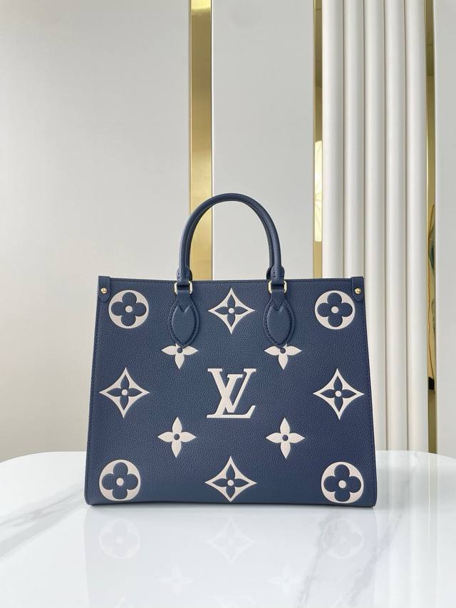 Dark Blue Variable Code Chip Top Layer Leather Top Original Onthego Medium Handb