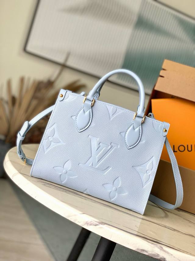 Top Layer Leather Top Original M46840 Blue Print Onthego Small Tote Bag Draws In