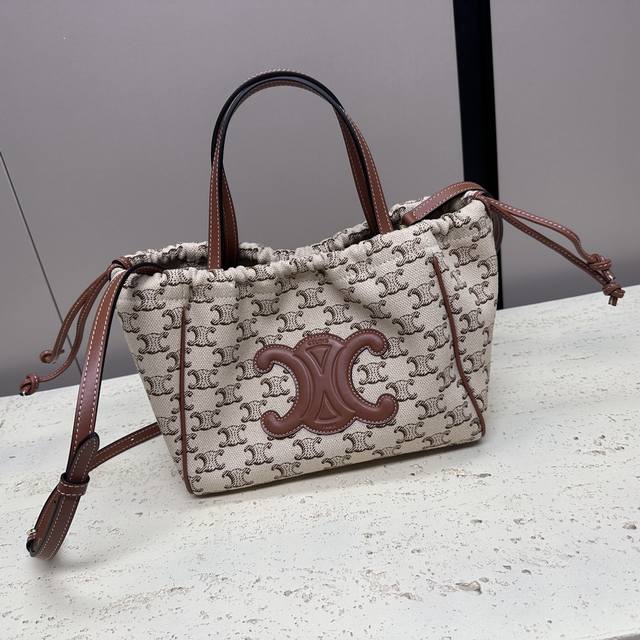 Mini Shopping Bag Cabas Triomphe Small Smooth Cowhide & Woven Leather Drawstring