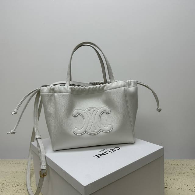 Mini Shopping Bag Cabas Triomphe Small Grained Calfskin & Woven Leather Drawstri
