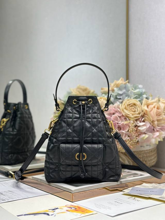 Authentic, High Version Small Dior Caro Bucket Bag Black This Dior Caro Bucket B