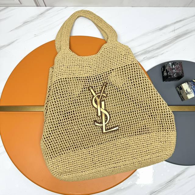 Original Leather Apricot Color 29-Grid Woven Raffia Icare_Woven Shopping Bag Is