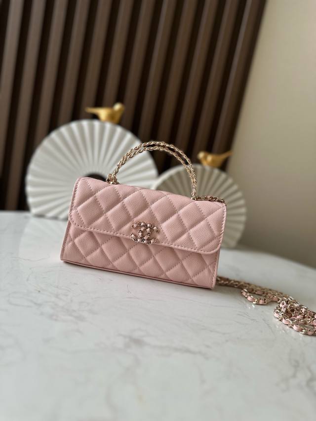 Light Pink Caviar Leather Exclusive Chane10 25S Cross Handle Kelly Leather Horiz