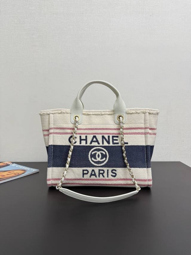 Spot 25C Striped Beach Bag Cotton Canvas + Light Gold Chain Size: 38X30X22Cm Bag