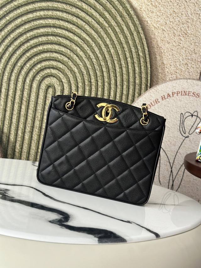 Original Leather In Stock! Chanevintage Shopping Bag A2212 Small Size Black Cowh