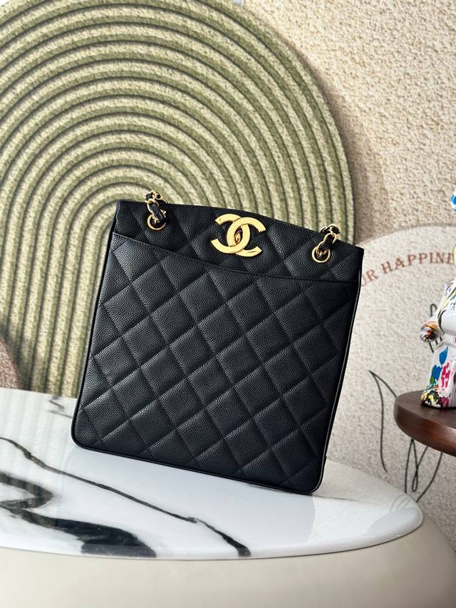 Original Leather In Stock! Chanevintage Shopping Bag A2212 Large Size Black Cowh