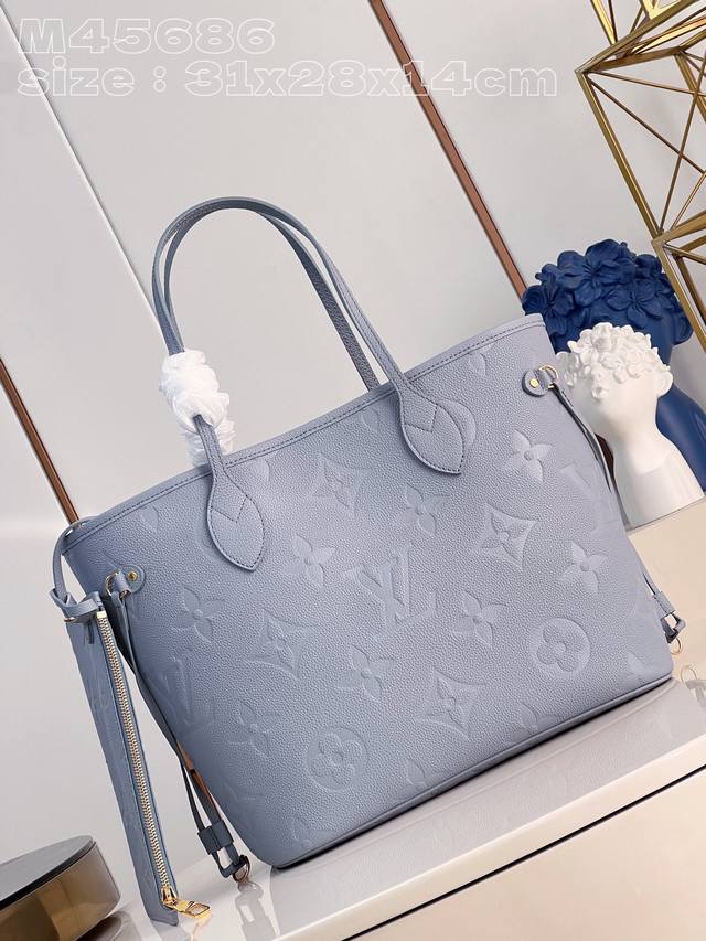 Top Original Single Home Real Shot M45686 Haze Blue Embossed This Neverfull Medi