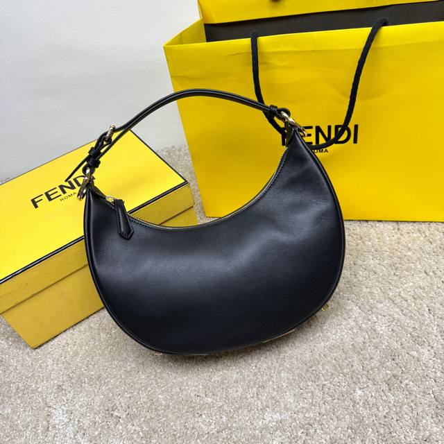 Large Black Underarm Bag, Featuring A Crescent Shape, With The Classic Metal Lar