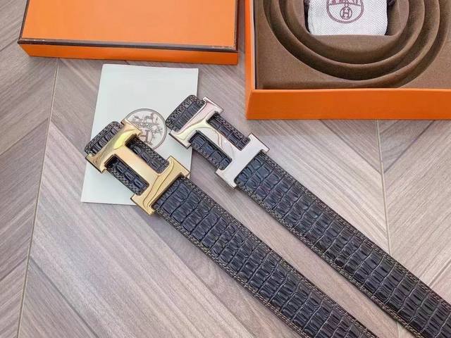Hermes 3.8 Cm Double-Sided Original Leather, Double Yellow Line Small Crocodile