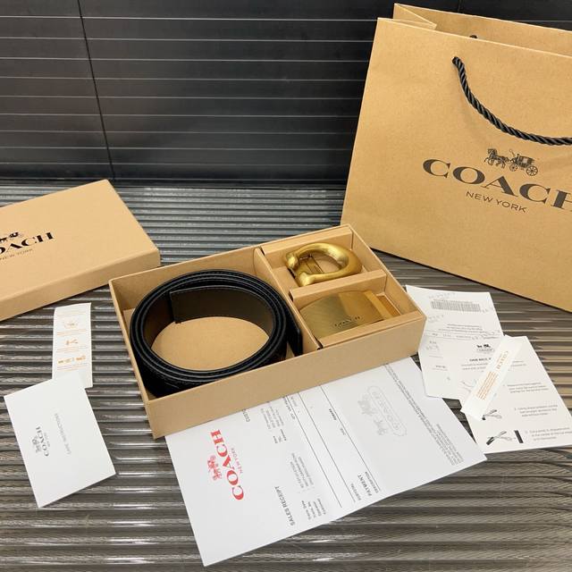 Coach Double Buckle Gift Box Cowhide Belt For Men Classic Belt Fashion Essential