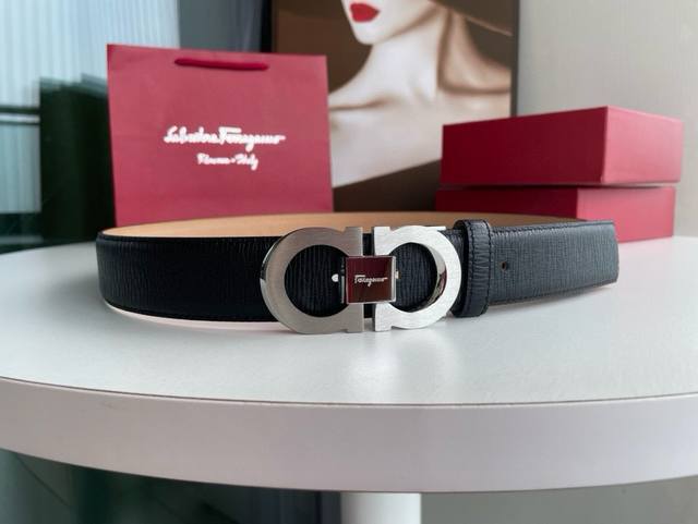 Salvatore Ferragamo Italian Men's Belt 3.5Cm Top Layer Cowhide Texture, Stainles