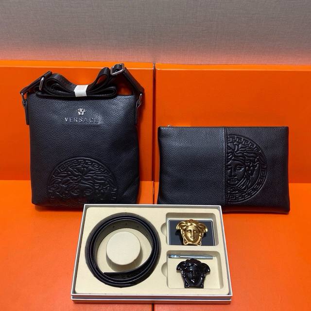 Versace First Layer Leather Combination Gift Box Packaging Belt Two Bags Super C