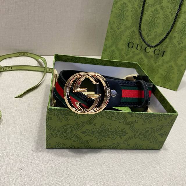 Width 4.0Cm Gucci Classic Canvas Webbing Belt With Textured Leather Trim And Dou