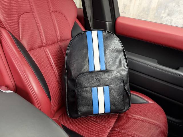 High-End New "Coach" Backpack Coach Charles Leather Blue And Gray Striped Print