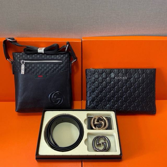 Gucci First Layer Leather Combination Gift Box Packaging Belt Two Bags Super Com