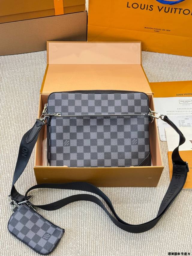 Original Version Of Cowhide Lv Bag Men's Three-In-One Black Warrior Three-Piece