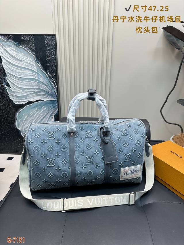 With Folding Box Lv Denim Washed Denim Keepall Bandouliere Travel Bag Pillow Bag